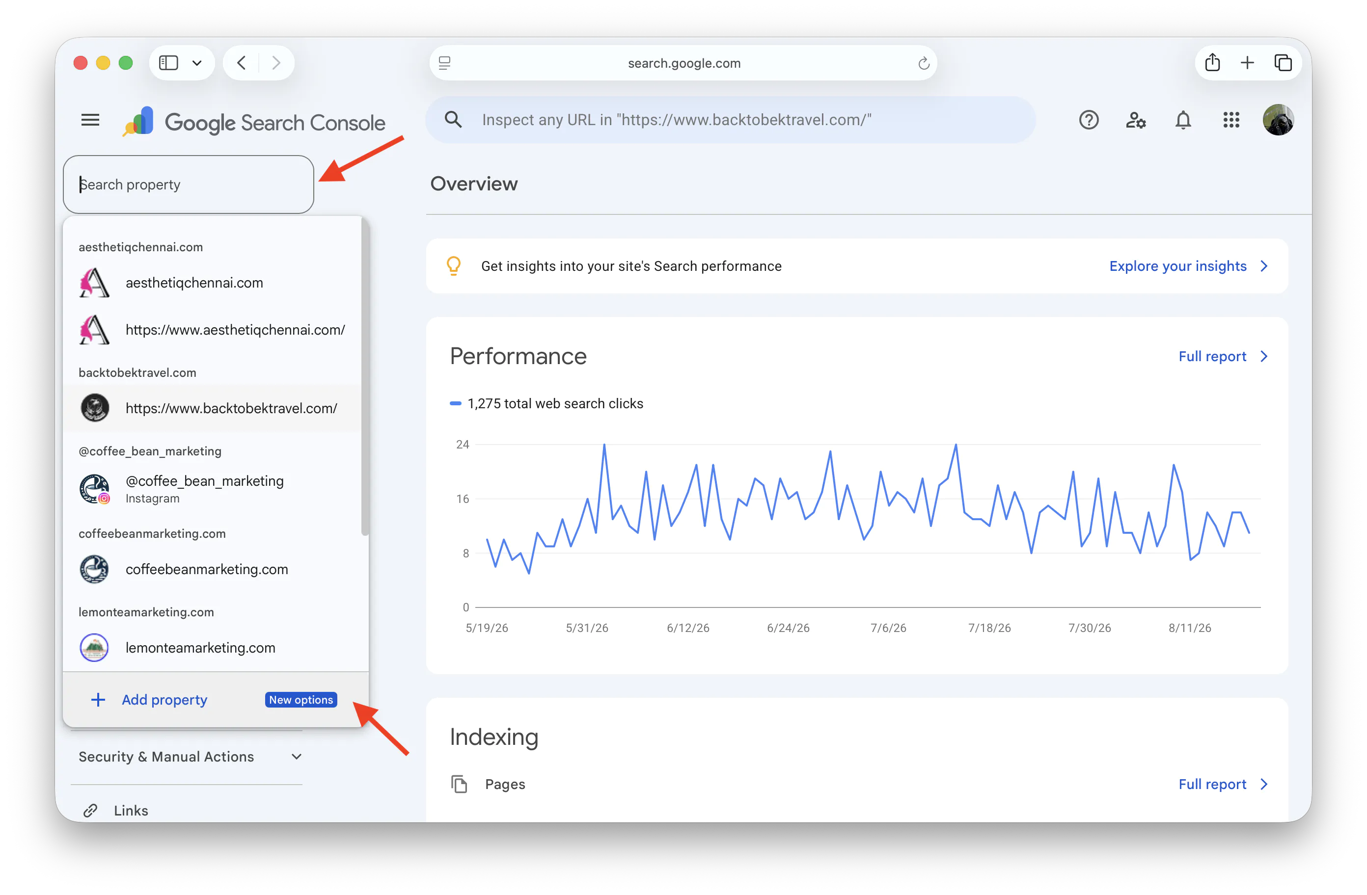 Google Search Console property dropdown with Add property and New options highlighted