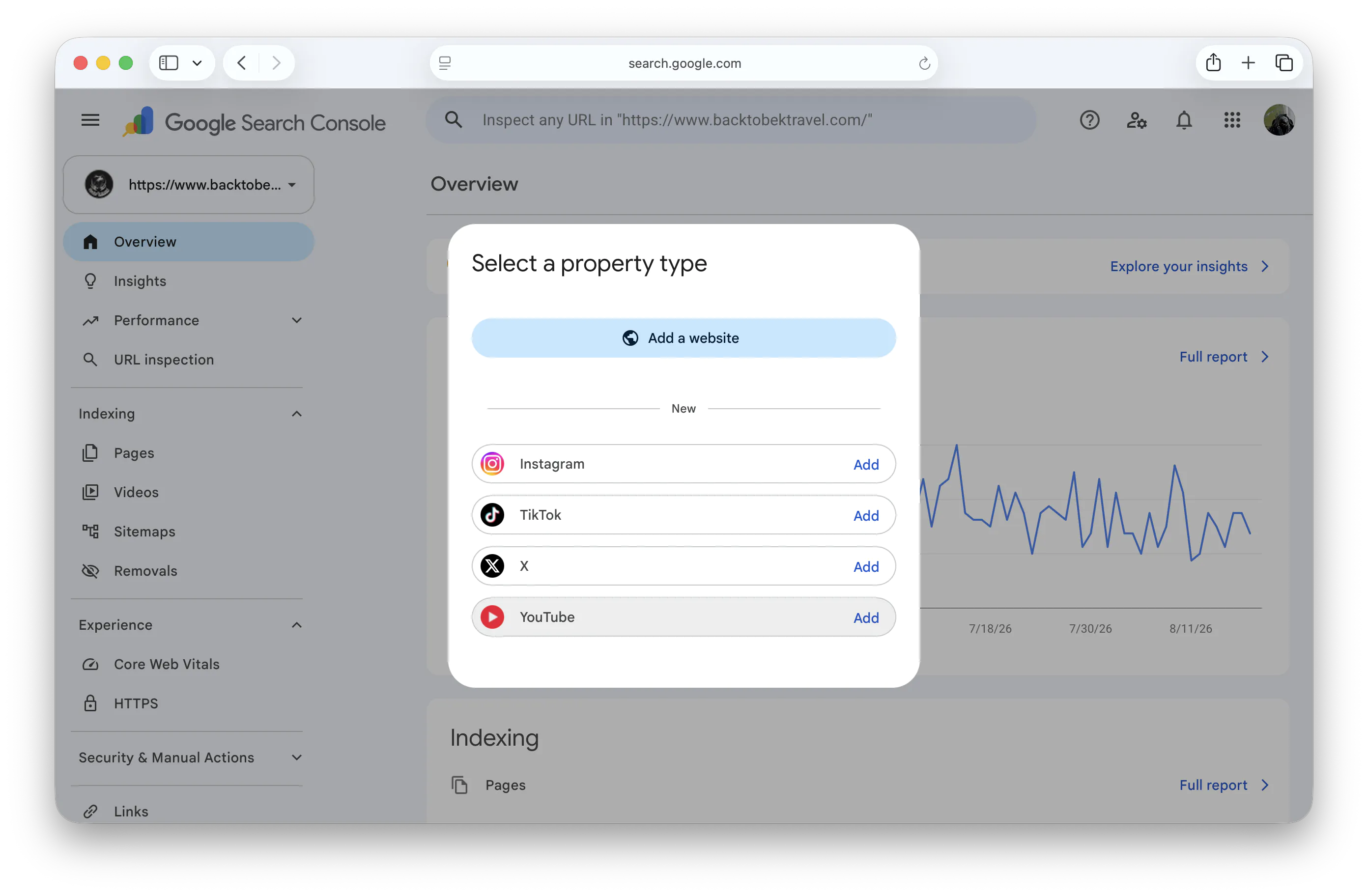 Google Search Console dialog to add Instagram, TikTok, X, and YouTube