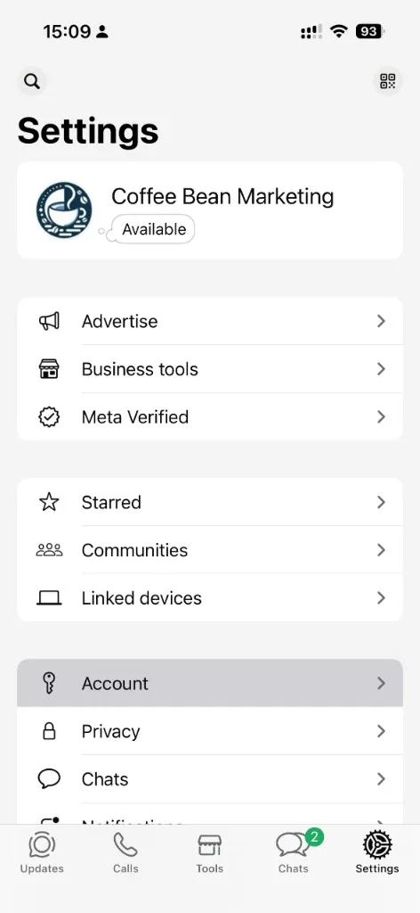 WhatsApp Business Settings screen with Account highlighted
