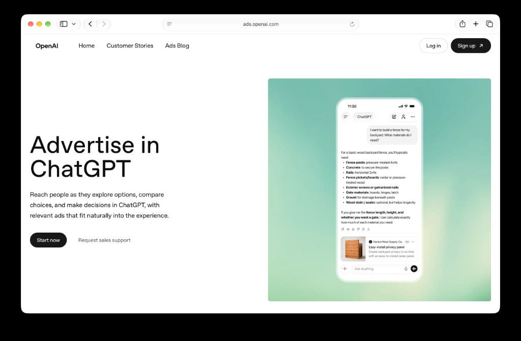 OpenAI Ads Manager landing page with Advertise in ChatGPT headline and Start now button
